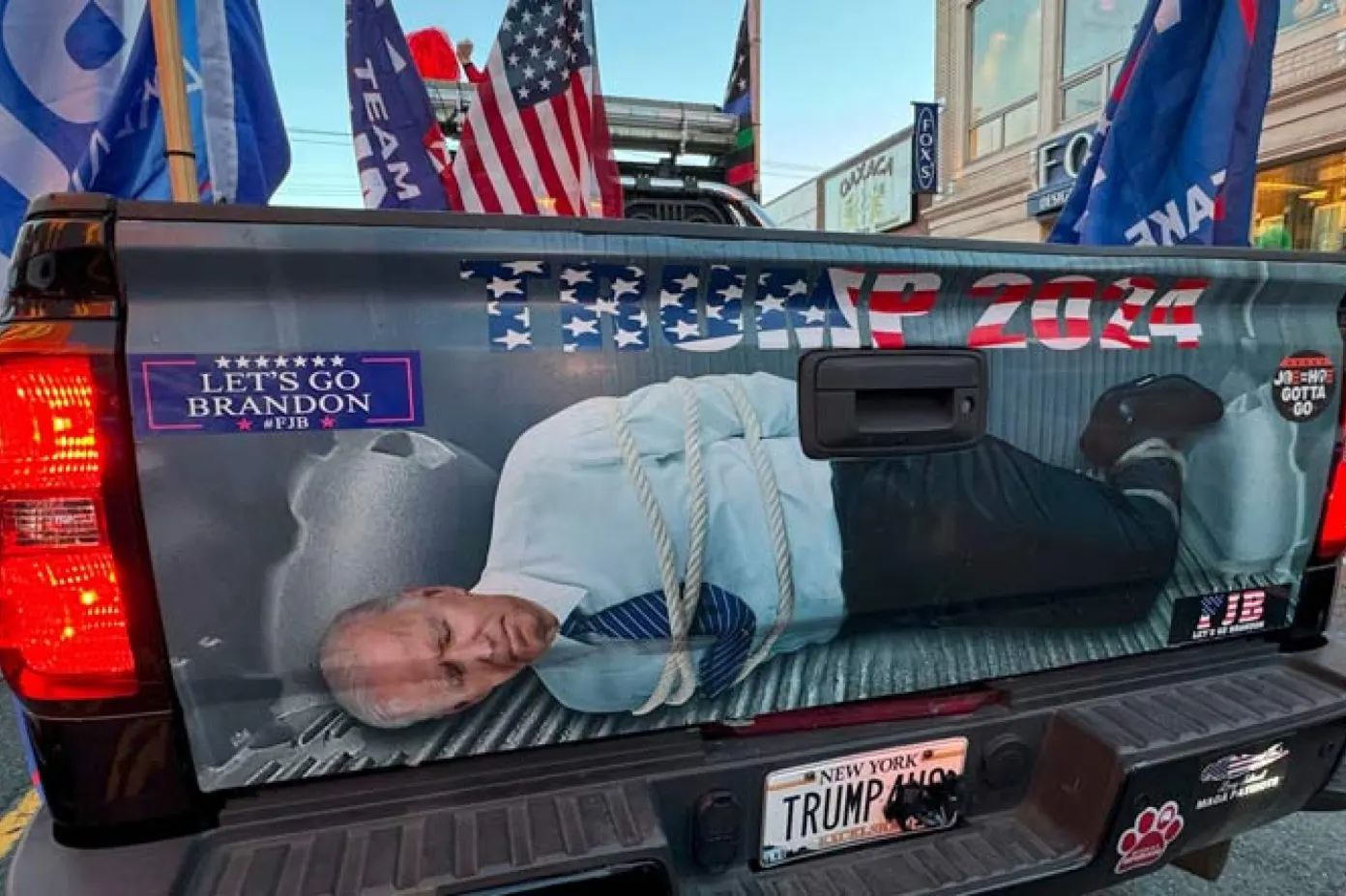 Truck with image of Joe Biden bound in the truck bed, posted by Trump on Truth Social in March 2024.